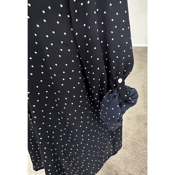 Loft Long Sleeve Collarless Button Down Blouse Navy Blue White Polka Dot Large - Picture 4 of 6